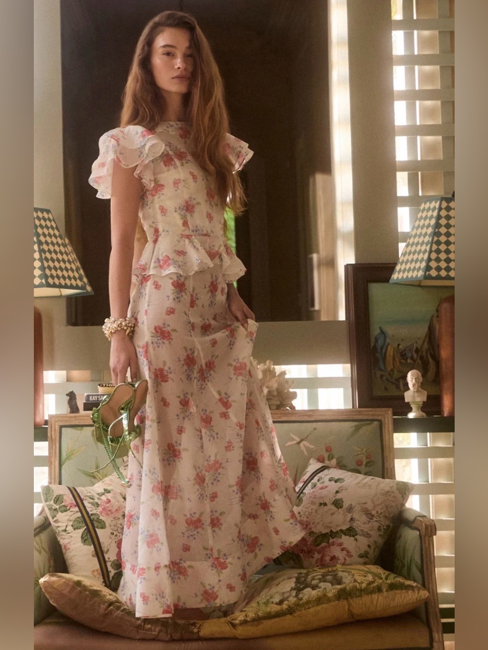 Hill House The Halston Dress Sunburst Blossoms Floral Silk Cotton Maxi | Size S